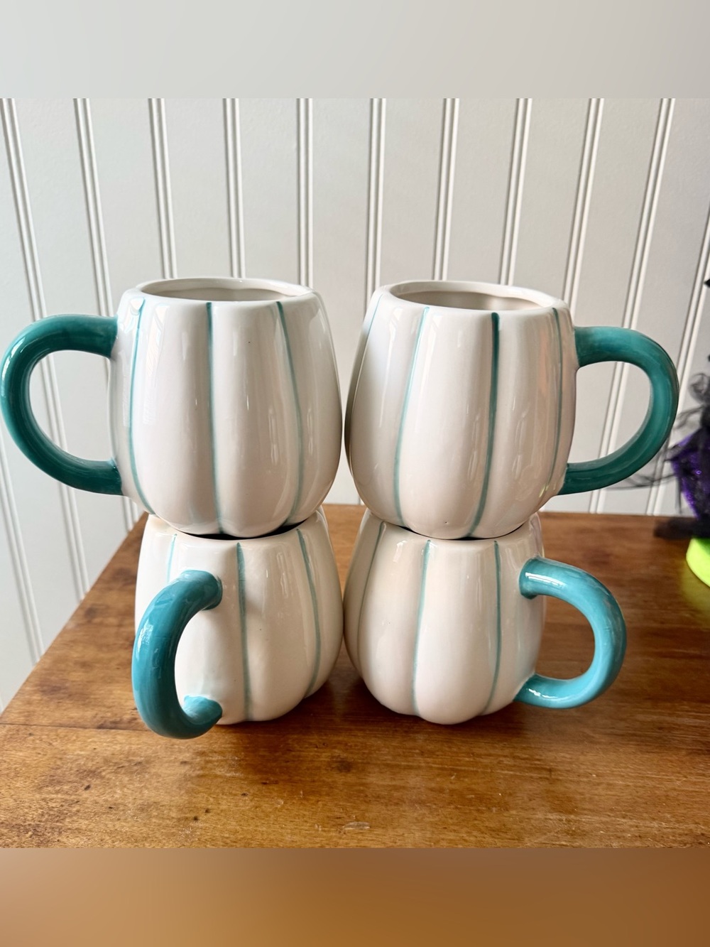 Set of 4- 16 oz. White & Teal Glazed Pumpkin Shaped Ceramic Mugs NEW